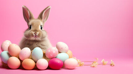 Cute rabbit and colorful Easter eggs on a pink background. Generative AI