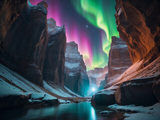 Illuminated Mountain Landscape with Aurora Polaris and Starry Sky, generative ai.