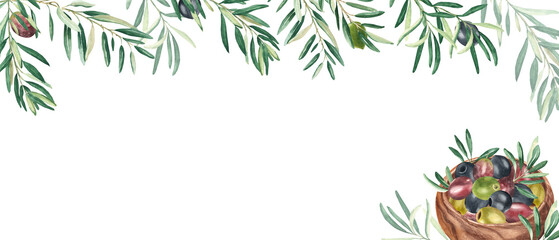 Horizontal frame, border with olive branches and ripe fruits. Olives in a wooden bowl. Watercolor hand drawn illustration. Perfect as a web banner, for menu design.
