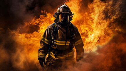 Strong and brave fireman in flames. Generative AI