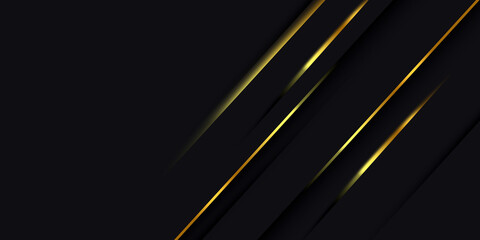 Black luxury abstract background overlap layers on dark space with golden lines effect decoration. Graphic design element elegant style concept