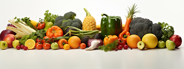Fruits and vegetables on a white background. banner.Generative AI