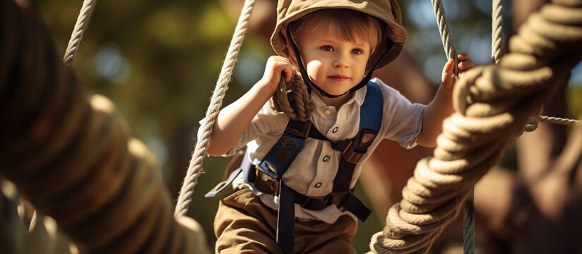 Fototapeta Happy Little boy walking in a rope bridge park. AI generated image