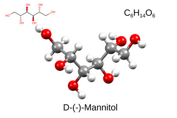 Chemical formula, skeletal formula, and 3D ball-and-stick model of mannitol