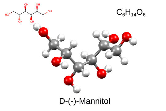 Chemical formula, skeletal formula, and 3D ball-and-stick model of mannitol