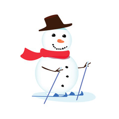 A cheerful snowman in a big hat and a red scarf is skiing.