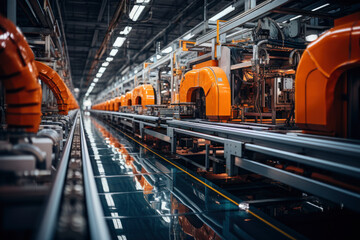 Fototapeta premium Future industrial scenes, artificial intelligence and robotics help industries. machines create things, robotic production.