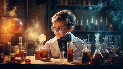 A boy doing experiments in the laboratory. Explosion in the laboratory. Generative AI - obrazy, fototapety, plakaty
