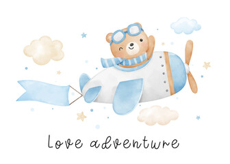 Watercolor cute baby bear flying on airplane For nursery kids Birthday party boy Print for invitation card Poster Template