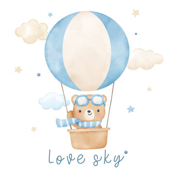Watercolor baby bear on a hot air balloon For nursery kids Birthday party boy Print for invitation card Poster Template
