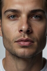 Close-up portrait of a handsome brunette man with stubble on his face, expressive cheekbones, gray eyes, direct gaze into the camera.
