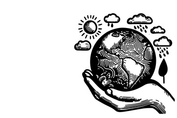 line drawing of two hands holding globe earth or earth planet with growth plant World Plants. Save world environment day concept vector illustration on white Background