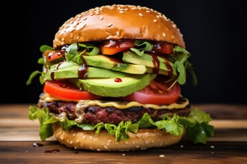 Delicious big burger with avocado, meat and cheese on dark background