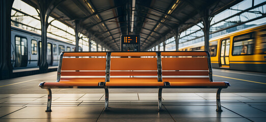 Bench in train station, benches for waiting for the train - obrazy, fototapety, plakaty
