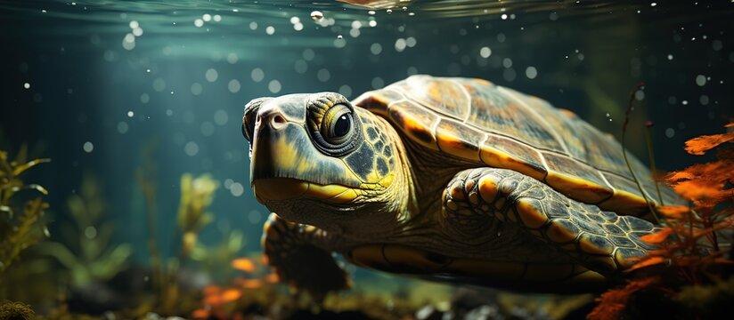 Amazon river turtle wide eyes swimming underwater