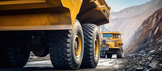 closeup big yellow mining truck for anthracite coal - obrazy, fototapety, plakaty