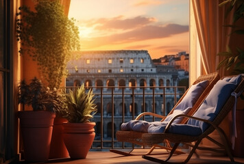 Landscape Scene of Colosseum at the sunset time, view from inside decorate home apartment, window and balcony view, holiday and tourist concept, Generative AI - obrazy, fototapety, plakaty