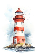 Obraz premium watercolor red and white lighthouse in the ocean