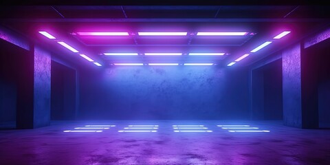 Naklejka premium Cyber Neon Led Studio Big Panel Lights Blue Purple Glowing Lights On Dark Empty Grunge Concrete Room Background
