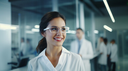 Fototapeta premium Beautiful young woman scientist in modern medical science laboratory