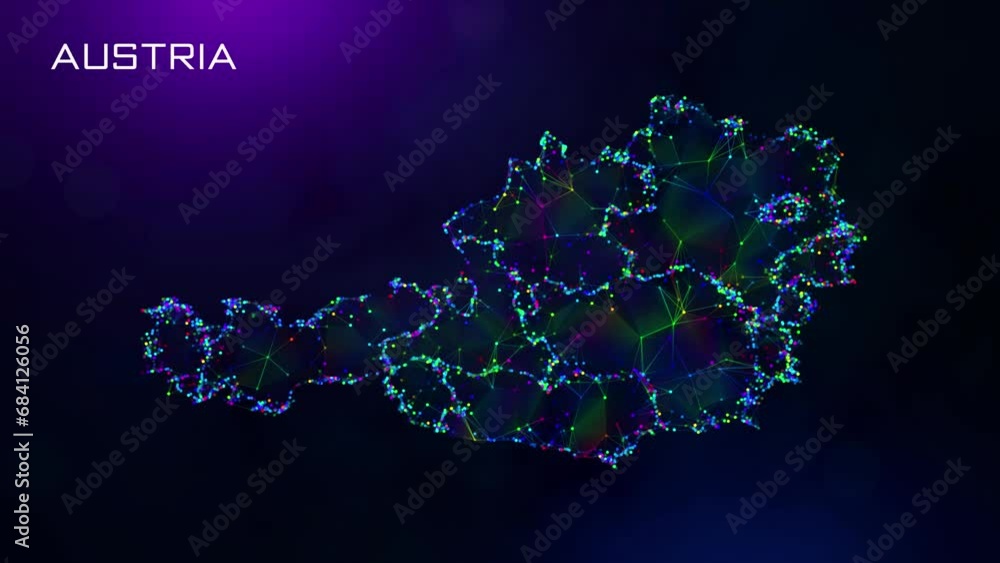 Poster futuristic sweet motion reveal austria map polygonal blue purple colorful connected lines dots and f