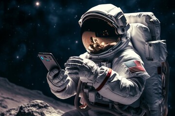 Astronaut using  mobile phone in space, Illustration, Generative AI  - obrazy, fototapety, plakaty