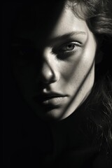 captivating black and white closeup portrait of a young woman in harsh light
