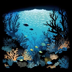 Fototapeta na wymiar Tropical fish swims to coral reef on clear water with sunbeam background