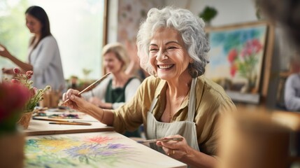 A senior woman, a smiling artist, enjoys painting activities in the studio with her friends in art class. - Powered by Adobe