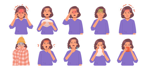 Woman with flu, cold symptoms set. Headache, nausea, runny nose and sore throat, cough. Sick girl