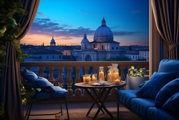 Landscape Scene of st peter's basilica at the sunset time, view from inside decorate home apartment, window and balcony view, holiday and tourist concept, Generative AI - obrazy, fototapety, plakaty