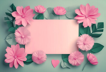Pastel floral frame with pink paper flowers and green leaves on a soft green background, with space for text in the center.