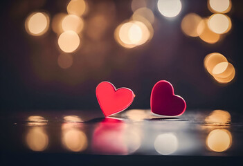 Two red heart shapes on a reflective surface with a bokeh light background, symbolizing love and romance.