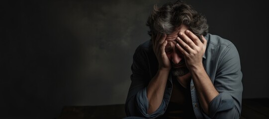 Depressed man crying with head up on hands on dark background - obrazy, fototapety, plakaty