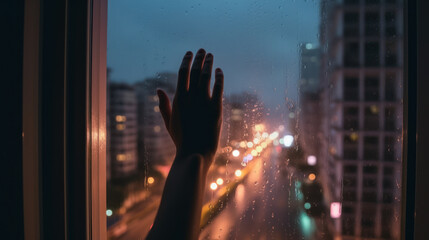 窓から見た夜景と女性の手、雨の高層ビル、Generative AI - obrazy, fototapety, plakaty