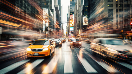 Yellow taxi cars in movement with motion speed blur on crowded stret
