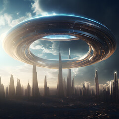 3d render of modern city with futuristic architecture and lens flare effect and ufo spaceship