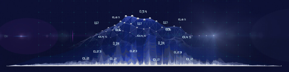 Abstract background grid polygonal wireframe graph and data on dark blue. Technology graph concept in virtual space. Big Data. Banner for business, science and technology.