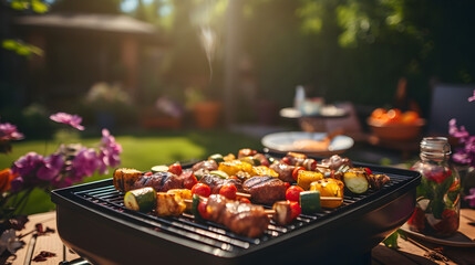 family and friends having a picnic barbeque grill in the garden