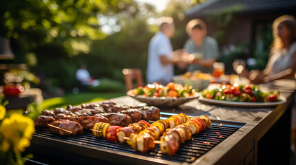 Fototapeta premium family and friends having a picnic barbeque grill in the garden