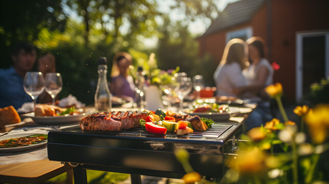 family and friends having a picnic barbeque grill in the garden