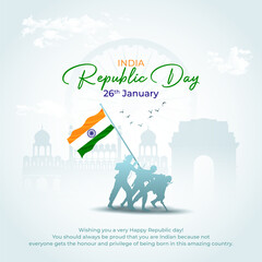 Happy Republic day concept banner, 26 January, national holiday of India, Indian flag, Indian army soldier doing flag hoisting on top of mountain