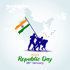 Happy Republic day concept banner, 26 January, national holiday of India, Indian flag, Indian army soldier doing flag hoisting on top of mountain