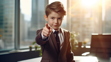 Confident boy executive in a business conference room of a modern office wearing formal suit professionally  like a boss, manager and entrepreneur. Successful and ambitious. Generative AI.
