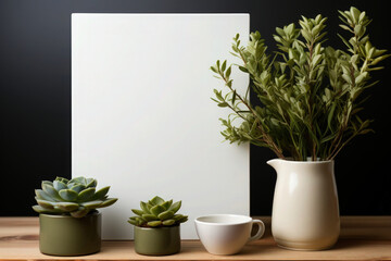 Elegance Unveiled: Canvas Mockup Standing Tall on Table with Plants and Flowers - Generative AI