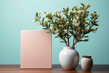 Blooming Creativity: Canvas Mockup Standing on Table Amidst Plants and Flowers - Generative AI