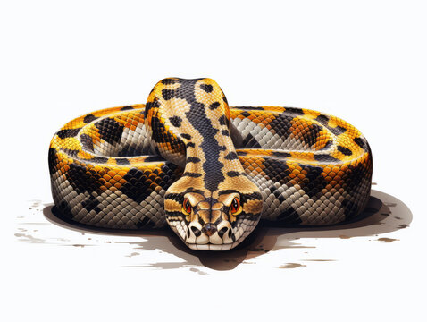 A lifelike illustration of a Carpet Python coiled up, resting on plain background.