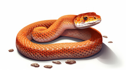 Illustration of a bright orange corn snake coiled and poised, with detailed scales on plain backghround.