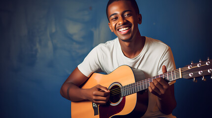 A musician smiling at the camera while playing the guitar