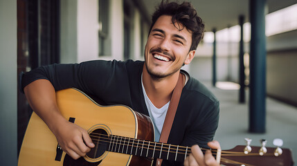 A musician smiling at the camera while playing the guitar - obrazy, fototapety, plakaty